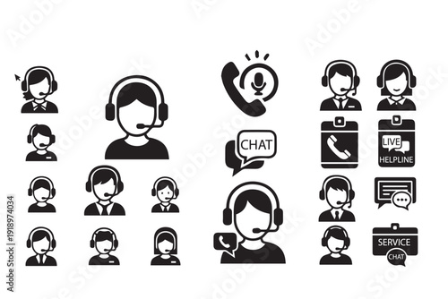 Customer Service and Support Icon Set - Call Center Agents, Live Chat, and Helpline Symbols