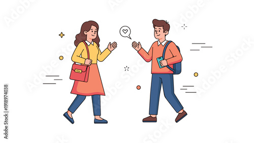 Young caucasian female and male engaging in friendly conversation