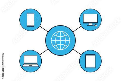 スマホやパソコンなどの様々な情報端末の通信インフラをイメージしたイラスト