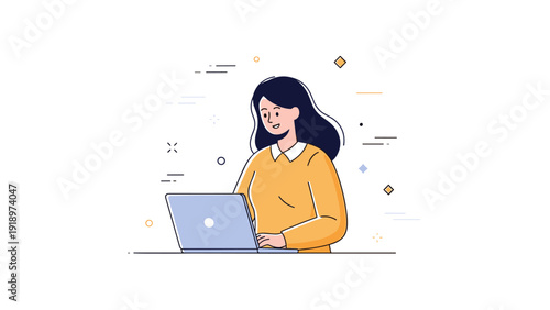Asian female adult working on laptop with a happy expression in minimalist illustration