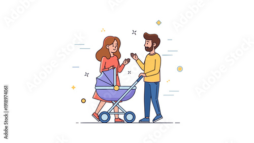Cartoon illustrated couple with baby stroller, caucasian male and female, young adults