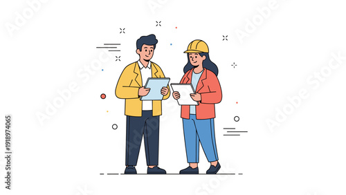 Young caucasian male and female engineers discussing construction plans