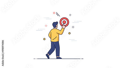 Young caucasian male reaching target symbol in minimalist illustration