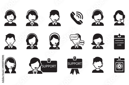 Customer Service and Support Icon Set - Call Center Agents, Live Chat, and Support Symbols
