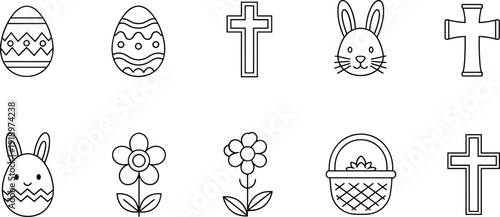 Easter themed icons including silhouette easter eggs bunnies and crosses for holiday decoration