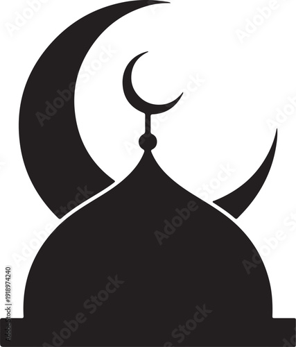 Silhouette of a mosque with crescent moon Vector,Mosque silhouette with crescent moon Symbol
