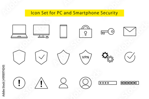 パソコンやスマホのセキュリティーに関するアイコンセット