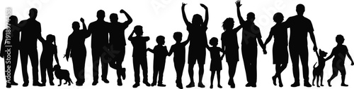 Family and people silhouettes collection, diverse group standing together, parents children and pets, unity, community, togetherness concept isolated on white