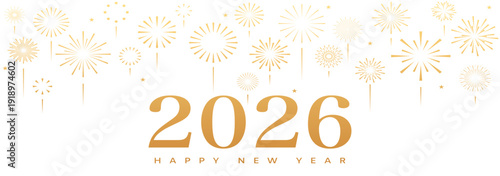 2026 fireworks banner, gold New Year background, card border
