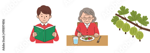 Young Student Reading Book, Elderly Woman Eating Healthy Meal, and Gooseberry Branch Vector Illustration Isolated on White Background