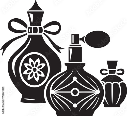 Elegant black silhouette perfume bottles with decorative bows and intricate patterns on a white background