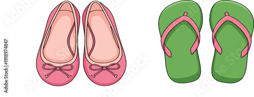 Women Summer Footwear Set with Pink Ballet Flats and Green Flip Flops Top View Vector Illustration Isolated on White Background