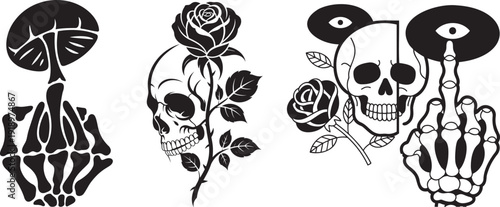 Three black silhouette designs featuring skeleton hands, skulls, mushrooms, and roses on a white background