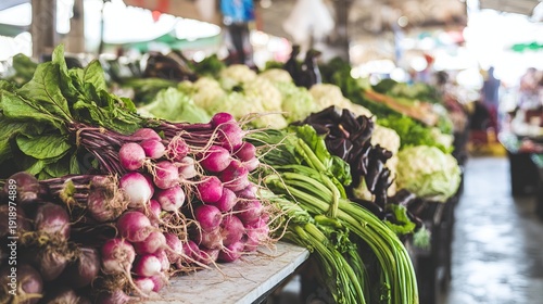 Fresh vegetables arranged on a market counter, showcasing natural colors and healthy eating.