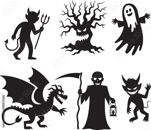 A frightening assortment of six dark Halloween monster silhouettes including devils, a haunted tree, and a grim reaper