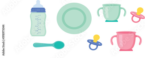 Cute Baby Feeding Essentials Vector Set with Bottle, Pacifier, Spoon, Plate and Sippy Cups Isolated on White Background