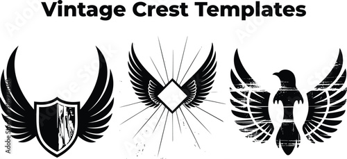 Three distinct black vintage inspired crests featuring prominent wings and symbolic elements on a white background