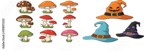 Cute Cartoon Mushroom Collection and Halloween Witch Hats Vector Illustration Set for Autumn Decor, Fantasy Design, Kids Graphics and Seasonal Projects