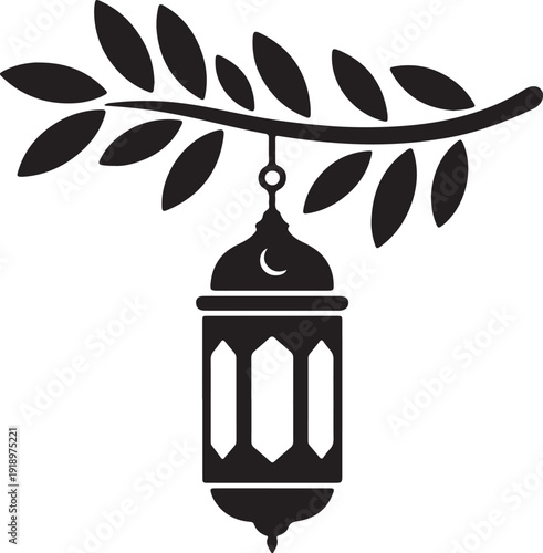 Ramadan kareem hanging lantern on tree branch vector illustration design,Arabic Lantern Hanging from a Branch Black Silhouette
