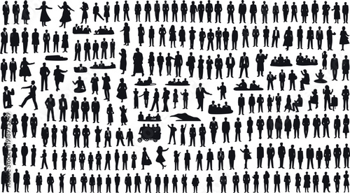 Large collection of business people silhouettes, corporate characters standing and interacting, professional crowd poses, office workforce illustration isolated on white