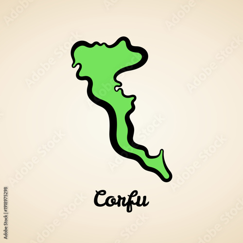 Green simplified map of Corfu with black outline.