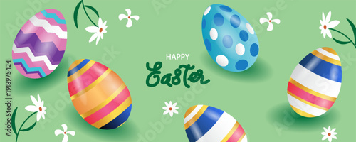 A horizontal Happy Easter banner with a collection of realistic 3D glossy eggs, delicate white flowers, and botanical leaves scattered on a light green background.