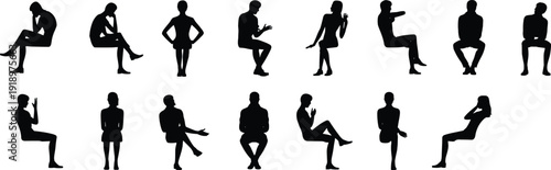 Set of seated business people silhouettes in various poses, corporate men and women isolated on white background vector illustration