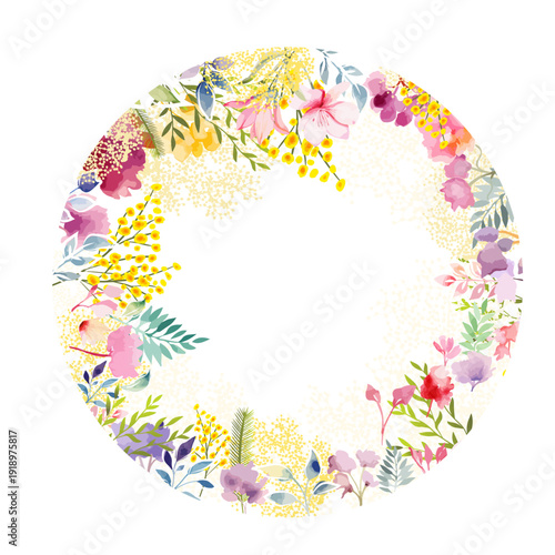 Round frame with yellow mimosa watercolor flowers. Hand drawn. Not AI, vector illustration.