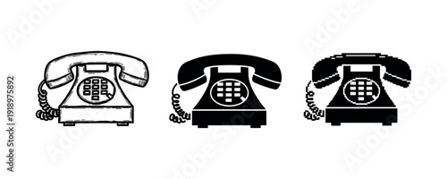 Set of three vintage rotary telephones in retro black and white style
