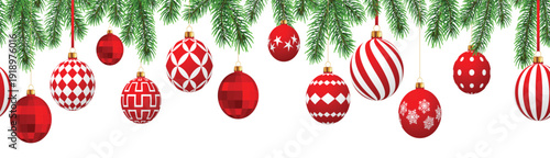 Christmas ball border, hanging red bauble background, branch