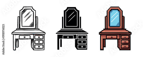 Sketch, silhouette, and pixel art vanity desks with mirrors