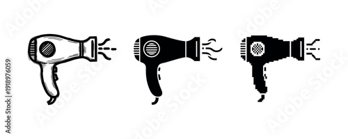Three artistic hair dryer designs: sketch, solid, pixel styles