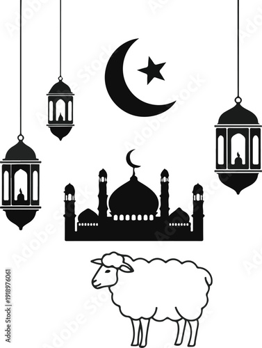 Islamic Eid al-Adha celebration elements: mosque, crescent moon, lanterns, and sheep silhouette.