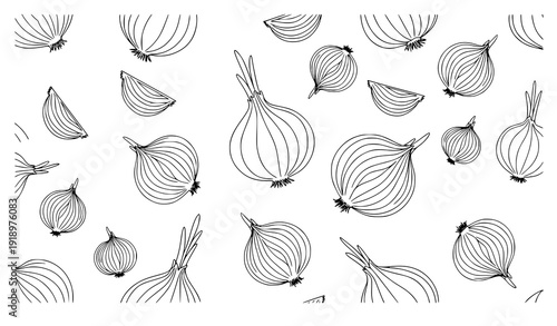 Minimal Onion Vegetable Line Art Set with Whole and Cut Outline Vector Illustration