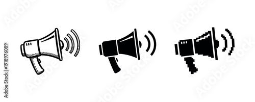Set of three megaphone icons in various art styles: sketch, solid, pixel