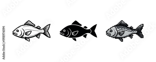 Three stylized fish: line art, silhouette, pixel illustration on white background