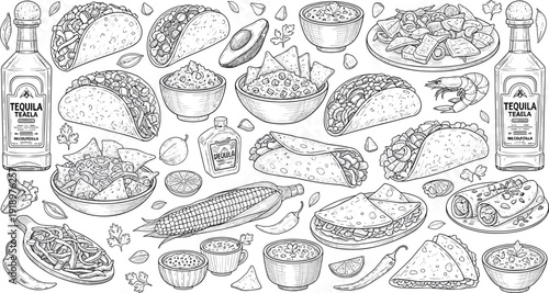 Mexican food and tequila line art illustration. Tacos, guacamole, salsa and fajitas in detailed engraving style. Black and white menu design isolated on white background.