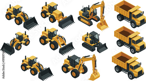 Construction machinery set vector illustration, excavator bulldozer wheel loader and dump truck heavy equipment collection isolated background