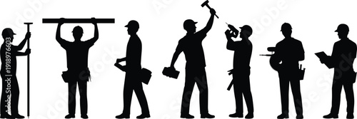 Construction worker silhouettes set, builders with tools isolated vector illustration on white background collection