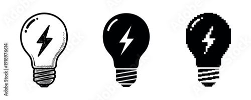 Contrast of light bulb designs: sketch, solid, and pixel art versions