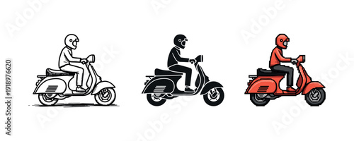Illustration of three vintage scooters with male riders in minimalist and retro styles