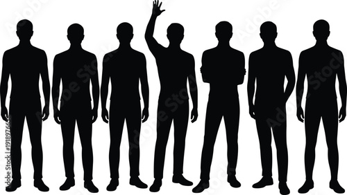 Group of standing men silhouettes with one raising hand, diverse male figures isolated in black and white on gray background