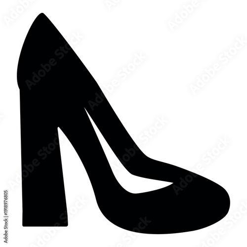 Elegant Black High Heel Shoe Silhouette Icon,  isolated on white background.