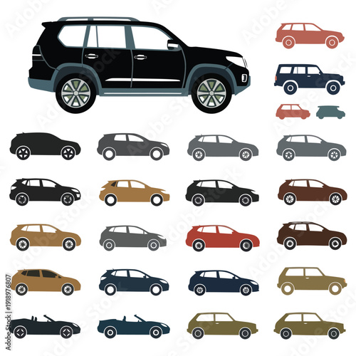 A collection of diverse car models displayed in different colors and styles