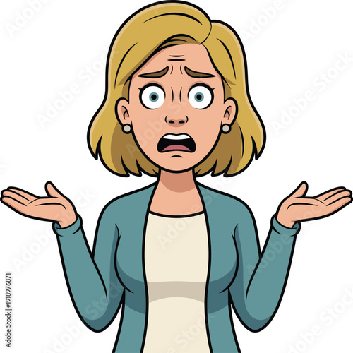 Worried confused woman cartoon illustration with shocked facial expression and raised hands isolated on light gray background, emotional female character design