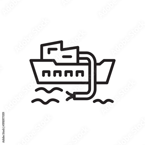 Offshore cable layer icon. Maritime infrastructure, representing subsea cable deployment, fiber-optic ship hardware, offshore wind farm connectivity, underwater power lines, and marine engineering.