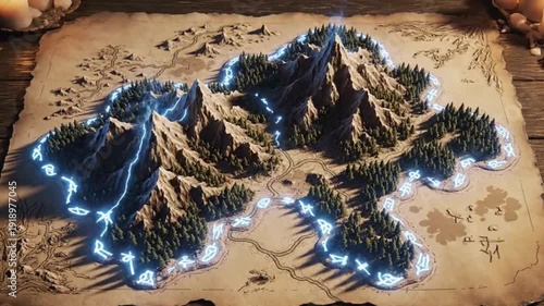 Epic Fantasy Map — Rising 3D Terrain with Luminous Runes Seamless Loop
