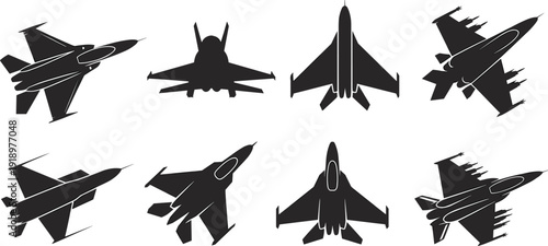 Fighter jet aircraft silhouettes set, modern military airplanes isolated vector illustration collection on white background