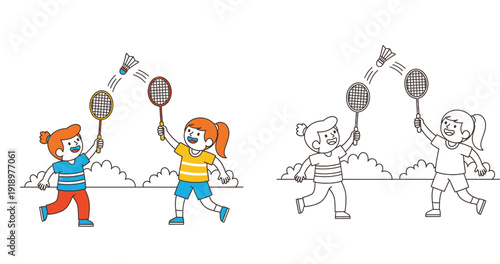 Cute children playing badminton vector illustration set. Happy boy and girl athletes with rackets and shuttlecock. Colorful character design and black and white outline for coloring book page.