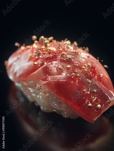 Tuna nigiri sushi with gold leaf and glistening glaze